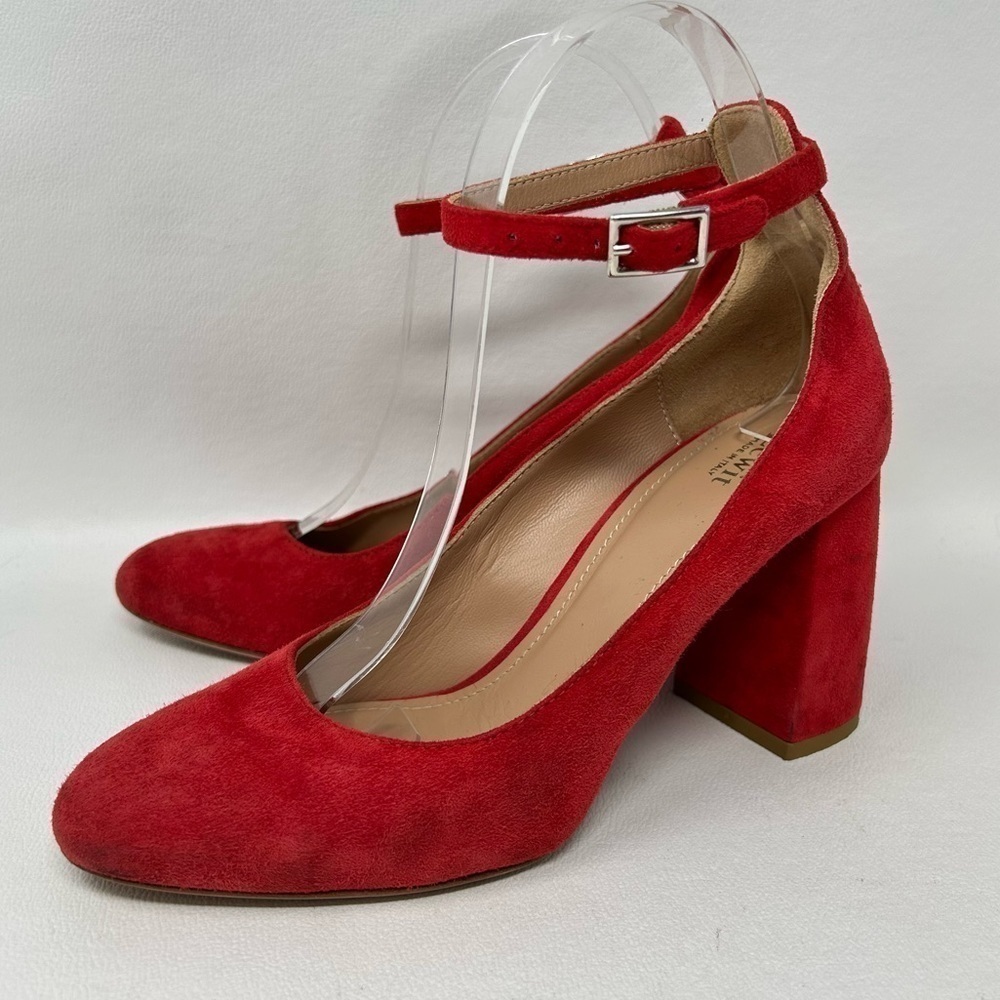 Lewit Emilia Ankle Strap Block Heel Pump, Red Suede, Women’s Size EU 37.5